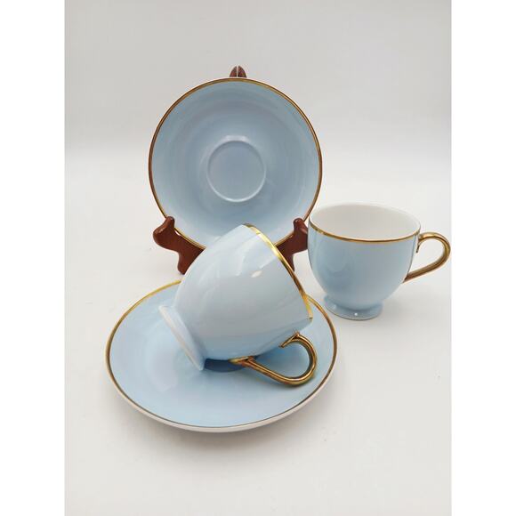 Ralph Lauren Hampton’s Tea Sky Blue with Gold Trim CUPS & SAUCERS Set Of 2 Vtg - Picture 10 of 10